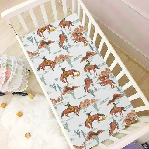 CHUROUSY 28x52 Inch Western Cowboys Crib Sheets for Boys Girl Vintage Desert Cactus Cowboy Wildlife Fitted Mattress
