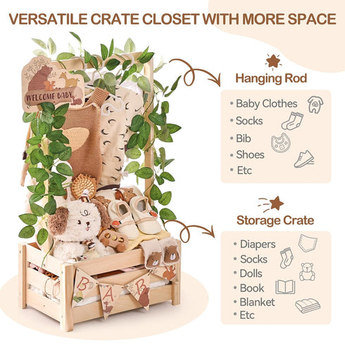 Closet Wooden Baby Shower Crate - Forest Animals Themed Personalized Crate with Hangers & Decorative Accents, Easy