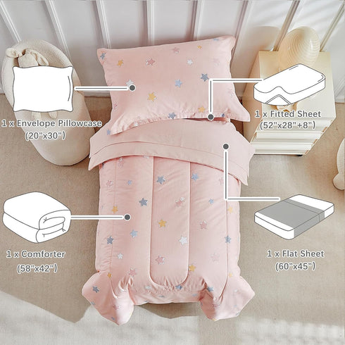 Set Girls,4 Sets,Pink Set,Includes DuShow Cotton Toddler Bedding for Piece Toddler Bed Star Pattern Kids Comforter