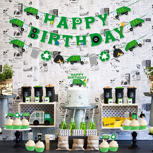 Bessmoso 56 Pcs Garbage Truck Birthday Decoration, Trash Truck Banner, Latex Balloons, Cake Topper, Baby Shower Supplies