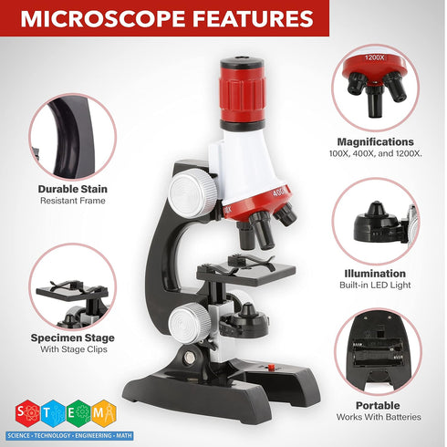 AmScope-ETXWJ04 IQCREW 100X-1200X LED Kids Beginner Microscope Toy Set with Slides Preparation Kit