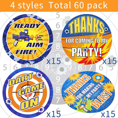 Zonon 60 Pieces Dart Battle Stickers, Birthday Party Themed Labels for Party Favors