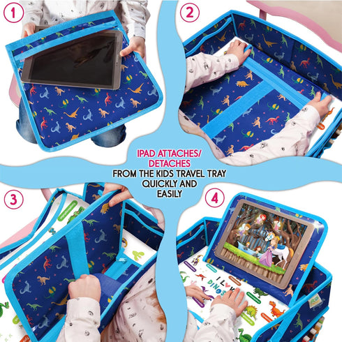 Car Seat Tray for Toddler - Waterproof Kids Travel Table Top - Road Trip Essentials - Lap Desk with Storage (Blue)