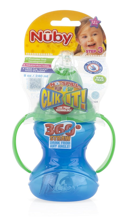 Nuby No-Spill Clik-It Cup with 360 Straw, 8 Ounce, Multicolor, Colors May Vary