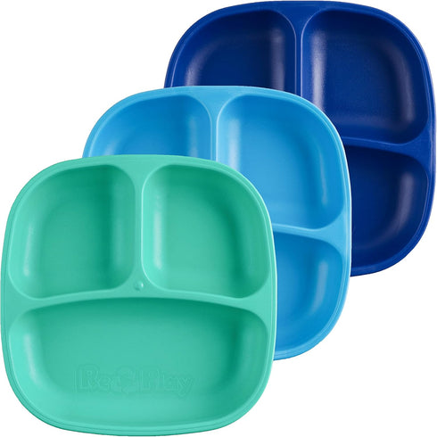 Re-Play Toddler Plates with Dividers, Deep-Walled 3 Compartments, Dishwasher & Microwave Safe, Set of 3 - A True Blue