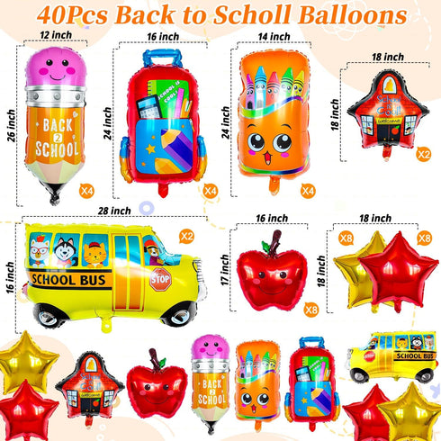 ZHWKMYP 40 Pcs Back to School Foil Balloons, Colorful Apple Pencil Crayon Bus Helium Balloon, School Mylar Balloons