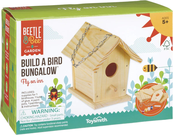 Beetle & Bee Build A Bird Bungalow - DIY Outdoor Birdhouse Kit for Kids, Includes 4 Paints, 1 Brush, Hardware