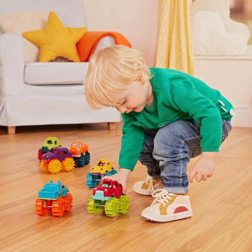 Battat Plastic Toy Cars - 6-Pack with Storage Bag, Colorful Toddler Trucks, Easy to Clean, Mini Monster Trucks for 2+