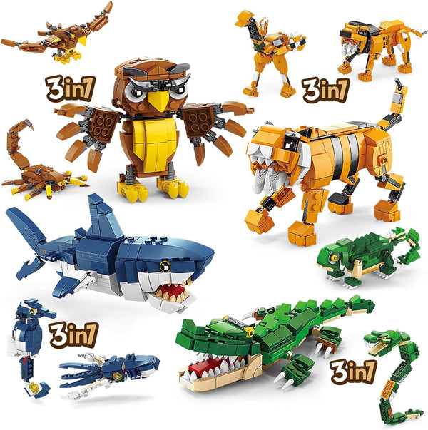 HIGH GODO Creator 3 in 1 Animals Building Set, Owl, Shark, Crocodle,