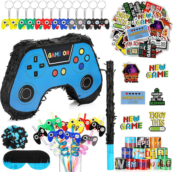 Meooeck 90 Video Game Party Favors, Game Controller Piñata, Blindfold, Confetti, Keychain, Gamer Birthday Decorations