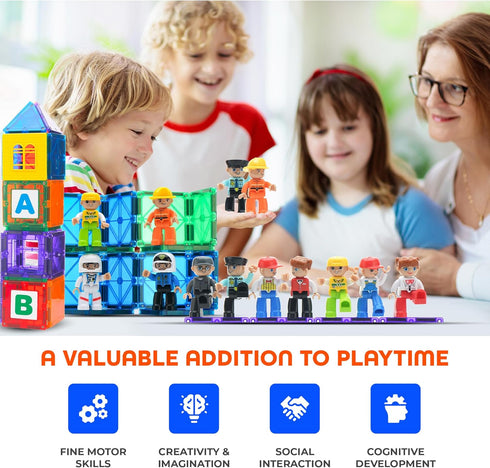 Playmags Large Magnetic Figures Community Set of 15 Pieces, 3” Play People for Building Blocks