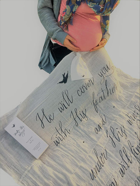 Under His Wings 91) 100% Muslin Swaddle & Bonus Baby Hat with Scripture Quote (Psalm - Organic Unbleached Cotton