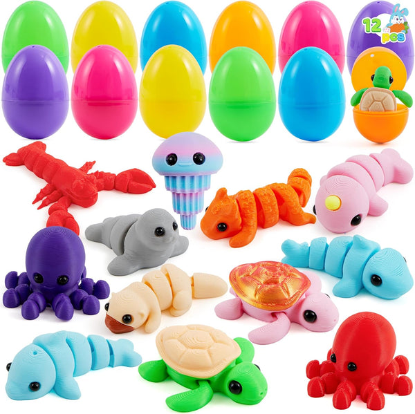 JOYIN 12Pcs Prefilled Easter Eggs with Mini Sea Animals, Articulated Toys, 3D