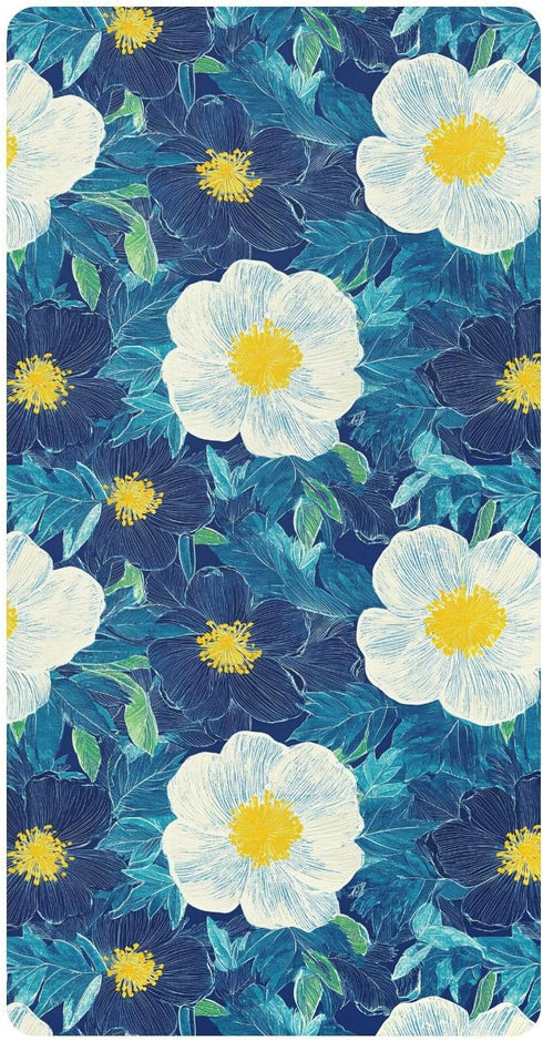 decor gift Woodblock Print Style Blue White Flowers Crib Sheets for Baby Boys Girls