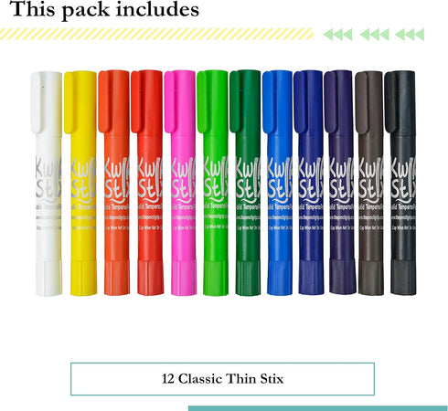 Kwik Stix Solid Tempera Paints, Thin Stix Paint Pens - 12 Classic Colors for Children, 12 Pack - TPG-608