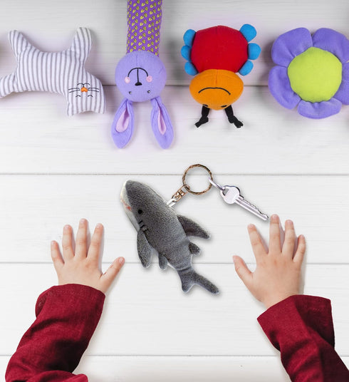 Puzzled 4-Inch Shark Plush Keychain Stuffed Animal Toy, Cute Grey Shark Charm Keyring, Soft Fur Ocean Life