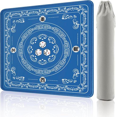 Gedgan Mahjong Mat - Elegant Blue with Lace Trim | Non-Slip Rubber Gaming