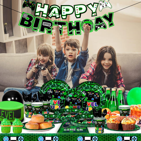 Video Game Party Supplies - 128pcs Tableware Set with Plates, Cups, Tablecloth, and Banner for Kids' Birthday