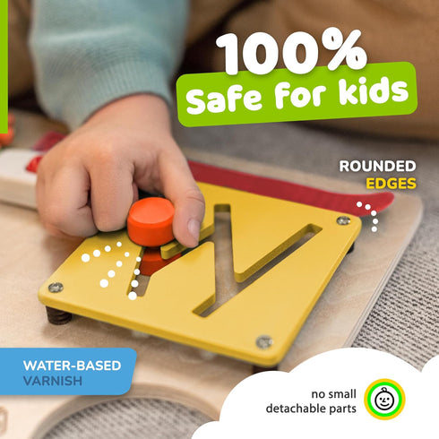 deMoca Busy Board for Toddlers, Montessori Wooden Activity Sensory Board, 10 Activities for Learning Fine Motor Skills