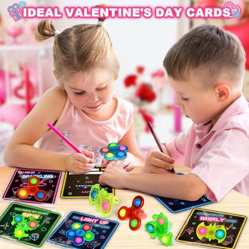 24 Pack Shemira Valentines Day Cards for Kids School Classroom Exchange, Valentines Cards with Light Up Fidget Spinners
