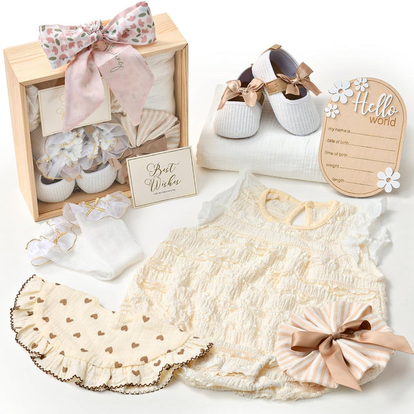 Golray Wooden Baby Gift Basket Newborn Girls Baby Shower Gifts Cloth Set