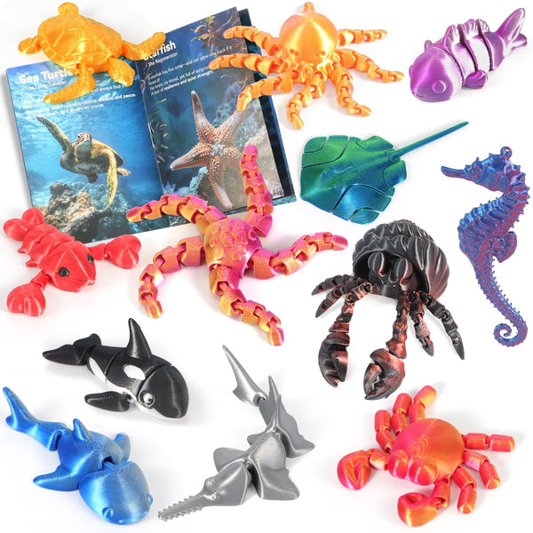 12 Pack 3D Printed Animal Toys, Desk Pets Sea Animal Toys with