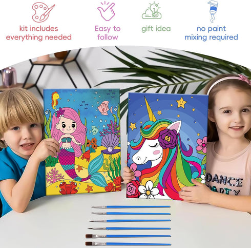 3 Pack Paint-by-Numbers Kit for Kids, 8x10 Inch Framed Canvas with 24 Acrylic Paint Pots, 6 Brushes, Art Set