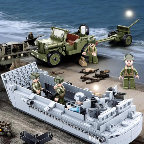 WW2 Set 325 WW2 Set General Jim's Landing Craft Higgins Boat Building Blocks Pieces with Military Jeep & Rotating