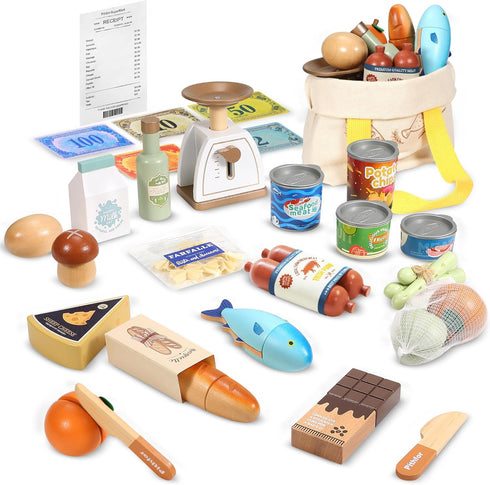 Set Pithfor Wooden Play Food for Kids Toddlers, Grocery Store Pretend Play Food, Pretend Grocery Shopping & Play