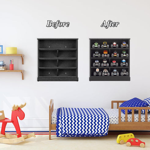 16 Felt Monster Trucks Display Case, Wall-Mounted Slot Storage Case, Groove Fixation Container Holder (Black - New