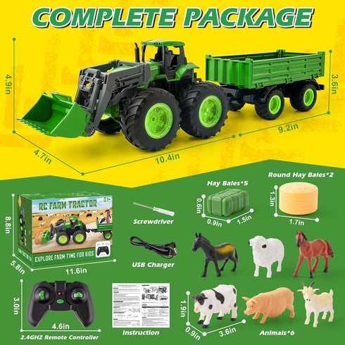 BAYSING Set Light/Loading/8 2.4 3 4 5 6 7 8 9 Remote Control Tractor Toy, Kids RC Tractor with Truck & Trailer