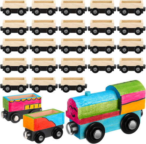 Lenwen 26 Pcs Unpainted Magnetic Wooden Train Cars for Boys and Girls, DIY Unfinished Magnetic Train Set