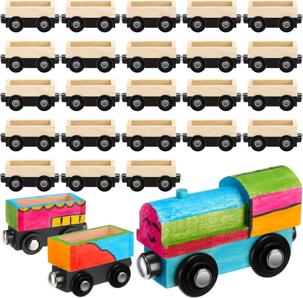 Lenwen 26 Pcs Unpainted Magnetic Wooden Train Cars for Boys and Girls, DIY Unfinished Magnetic Train Set