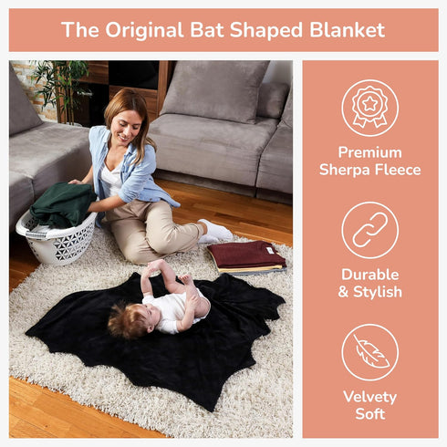 Bumba Kids Set Sherpa Fleece Goth Bat Baby Swaddle Blanket Gift with Milestone Stickers, Bat Hat & Wings, Crib Size