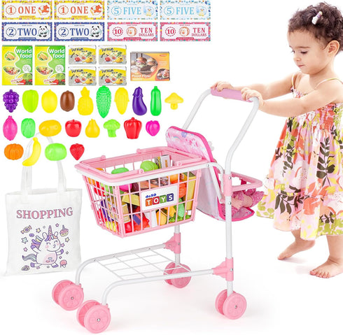 Set,Pretend 2 1 deAO Kids Shopping Cart Play Food and Shop Accessories, in Kids Grocery Trolley with Front Doll Seat