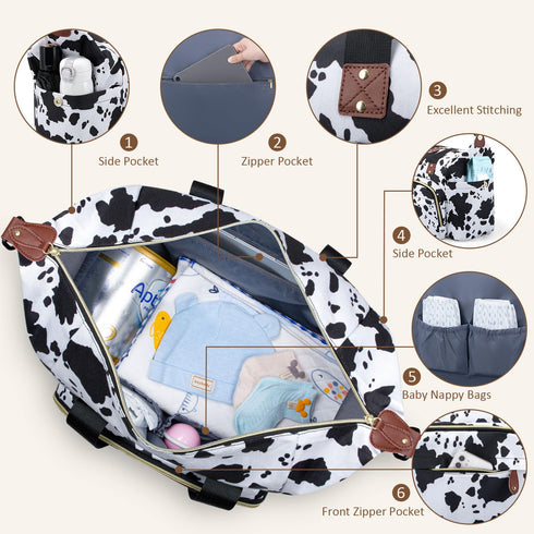 Diaper Bag Tote with Pacifier Case, Large Hospital Tote Bag for Women with Shoulder Straps, Cow Print