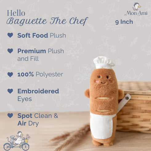 9-Inch MON AMI Baguette The Chef Plush Toy | Soft Bread Stuffed Doll with Hat & Apron | Adorable Plush Food Toy