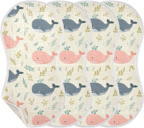 decor gift 4 Pack 22x11in Cotton Muslin Burp Cloths Large Good Absorbent? Cute Cartoon Tropical Whale Baby Burp Rags