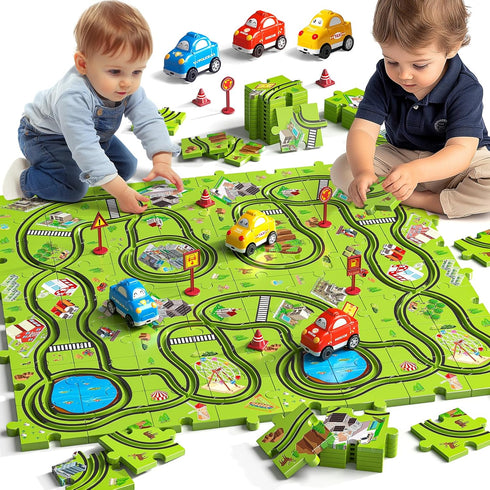 JUKUDAHU 64 Pieces Puzzle Race Track Car Set Toys for 3 4