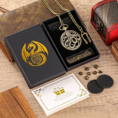 Mini DND Dice Set: 7pcs Polyhedral Metal D&D Dice with Steampunk Hollow Octopus Pocket Watch Shell Case