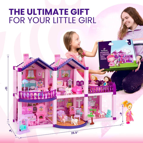 Dollhouse with 4 Princesses, 4 Unicorns, Dog, Furniture & Accessories - Pink and Purple Dream Toy for Girls Ages 2-7