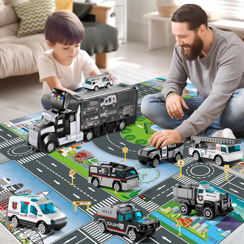 NIPLOOOW Set Set 3 4 5 6 3-4 3-9 Police Trucks Toy with Play Mat, Carrier Truck Play Vehicles for Years Old Boys Kids
