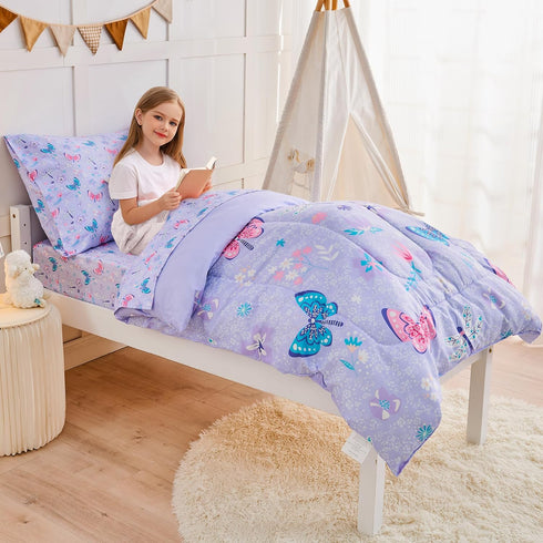 lasoftan Set 4 Sets, Set Set Butterfly Toddler Bedding for Girls, Piece Bed-in-a-Bag Toddler Comforter Super Soft