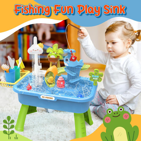21" 4-in-1 Set H Play Sink with Running Water, Kids Kitchen Sink Toy with Electric Faucet, Mini Water Table