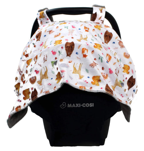 Dear Baby Gear Deluxe Car Seat Canopy - Infant Cover for Car Seats - Dainty Forest Animals, Light Gray