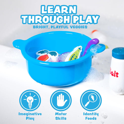 Tub Works Tub Soup Scoop, Strain & Play Toddler Bath Toy | Floating Foam Veggies, Ladle for Scooping & Soup Pot