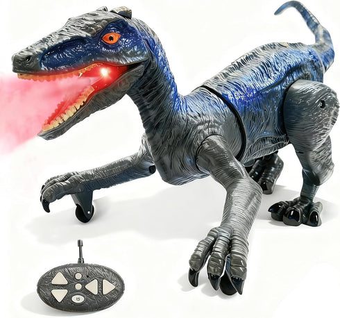 TALGIC Remote Control Velociraptor, Dinosaur Toy with Spraying, Roaring, Swaying Head, Wagging