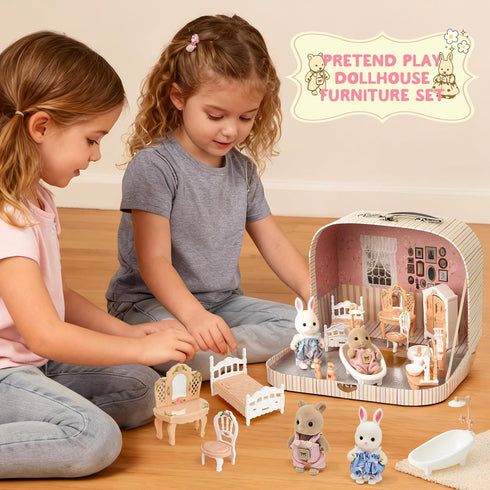 Set 2 3+ TUZT Suitcase Dollhouse Furniture for Kids, Mini Dollhouse Box with Flexible Dolls and Bedroom&Bathroom