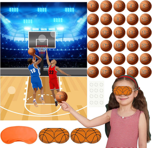 PLULON Basketball Party Game, Pin The Basketball on The Hoop with Stickers for Kids Birthday Party