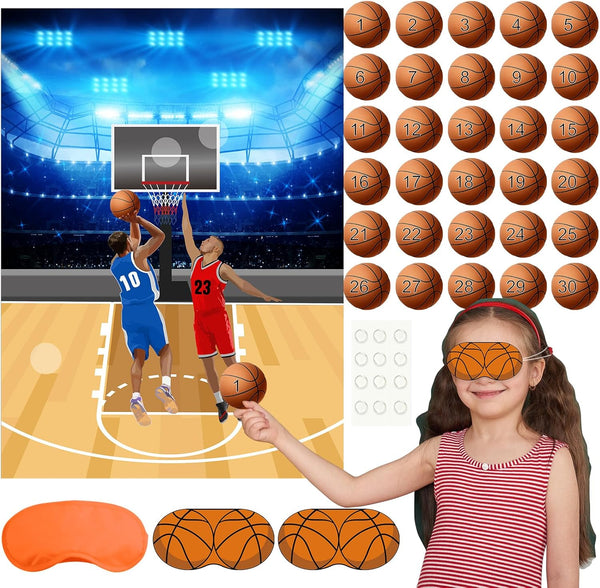 PLULON Basketball Party Game, Pin The Basketball on The Hoop with Stickers for Kids Birthday Party